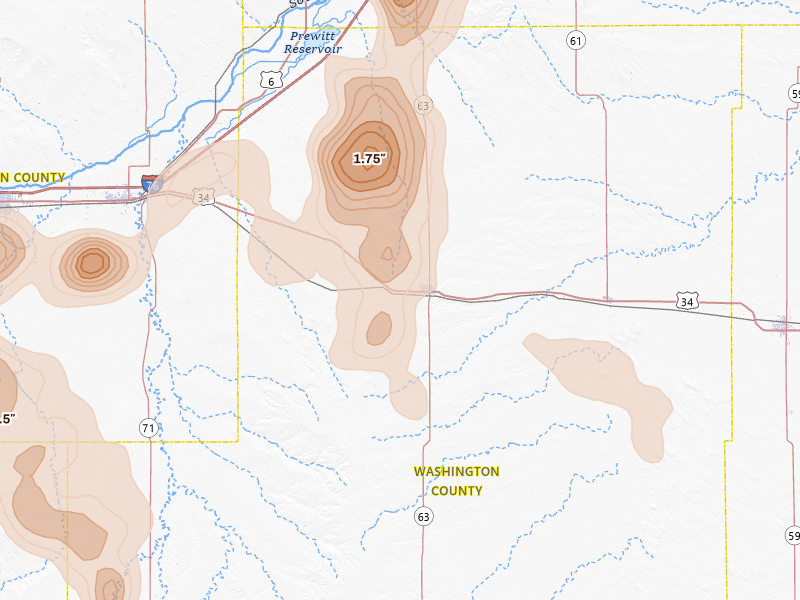 Radar-estimated hail-size map of the storm over Akron, CO on Jul 28, 2026