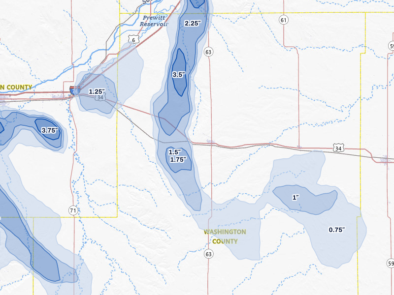 NEXRAD radar-signature map of the hail storm over Akron, CO on Jul 28, 2026