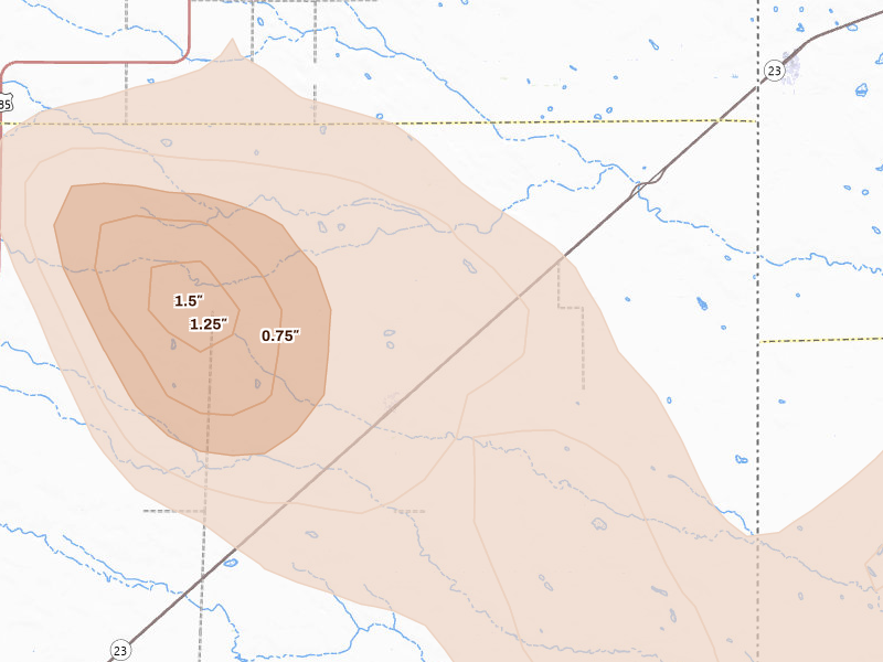 Radar-estimated hail-size map of the storm over Amherst, CO on Jun 24, 2026