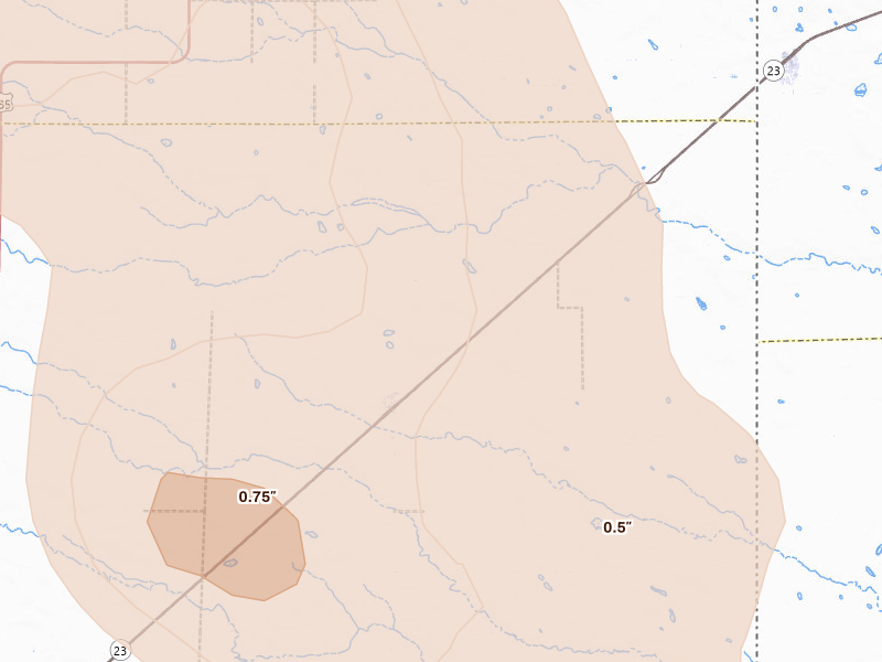 Radar-estimated hail-size map of the storm over Amherst, CO on Aug 9, 2026