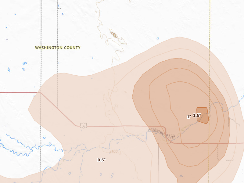 Radar-estimated hail-size map of the storm over Anton, CO on May 21, 2026