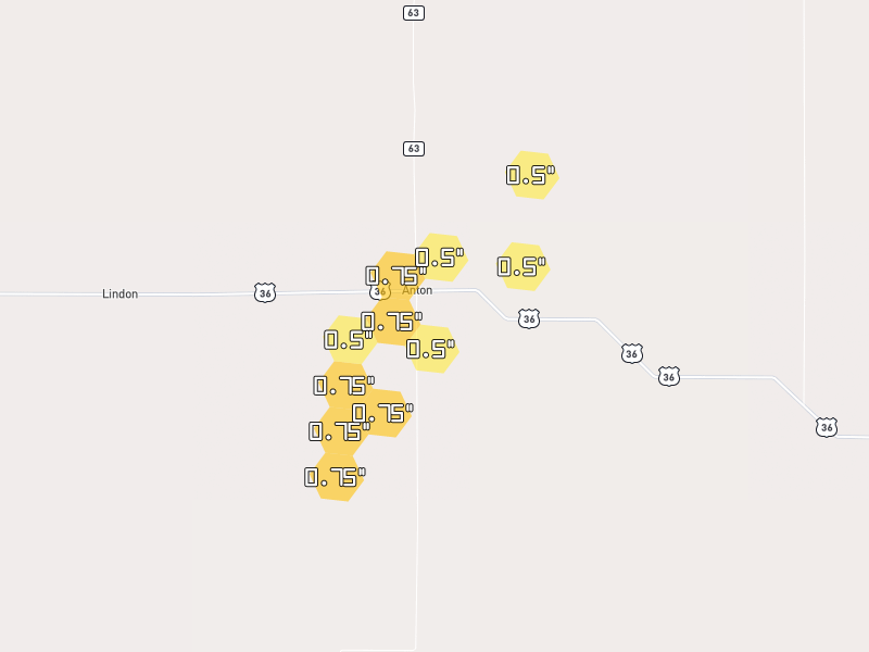 Hail map of Anton, CO on Jun 2, 2026, hail up to 0.75"