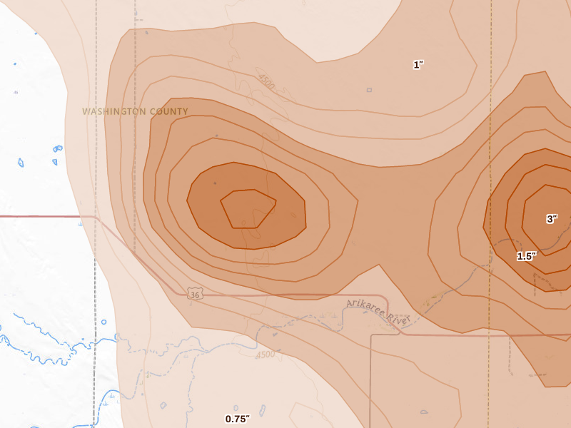 Radar-estimated hail-size map of the storm over Anton, CO on Jun 22, 2026