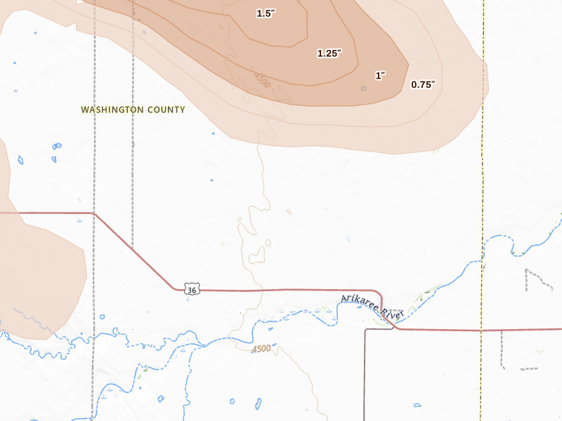Radar-estimated hail-size map of the storm over Anton, CO on Jun 24, 2026