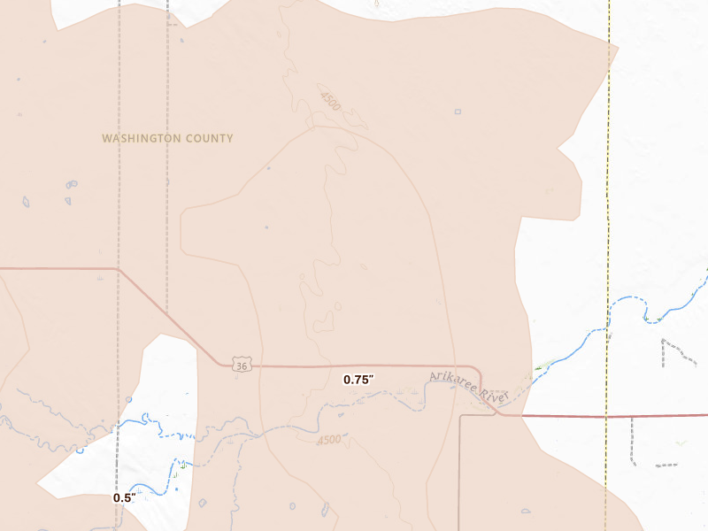 Radar-estimated hail-size map of the storm over Anton, CO on Jul 3, 2026