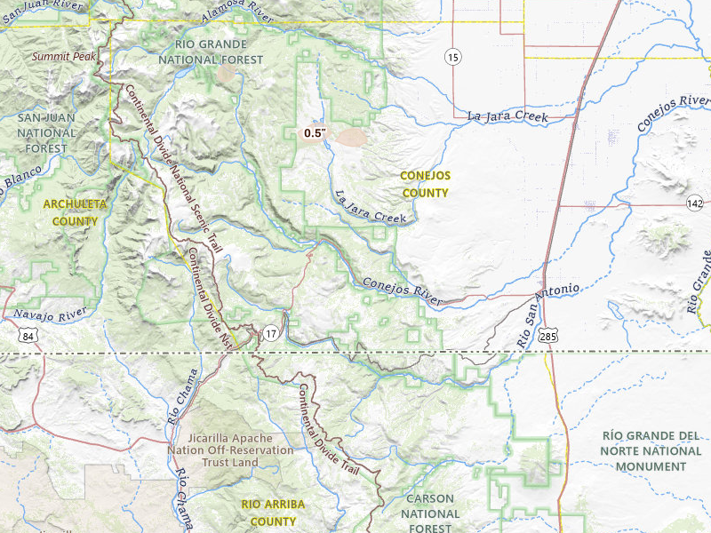 Radar-estimated hail-size map of the storm over Antonito, CO on Jul 28, 2026