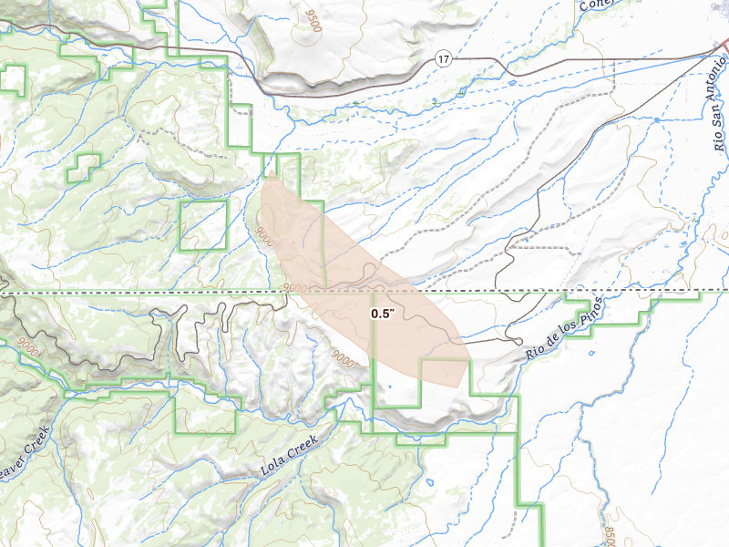 Radar-estimated hail-size map of the storm over Antonito, CO on Aug 26, 2026