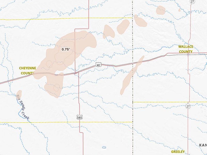 Radar-estimated hail-size map of the storm over Arapahoe, CO on Jul 1, 2026