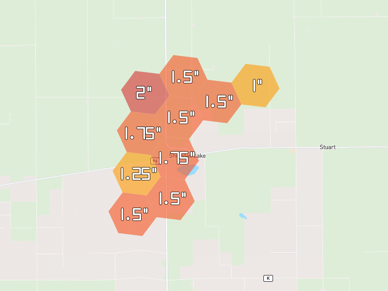 Hail map of Arapahoe, CO on Jul 24, 2026, hail up to 2"