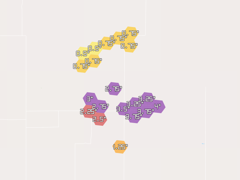 Hail map of Arriba, CO on Jun 9, 2026, hail up to 4"