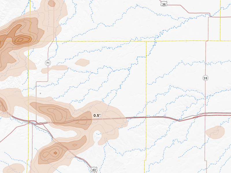 Radar-estimated hail-size map of the storm over Arriba, CO on Jun 23, 2026