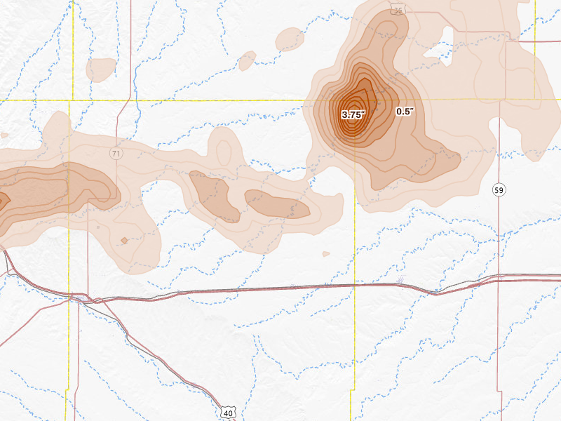 Radar-estimated hail-size map of the storm over Arriba, CO on Jul 3, 2026