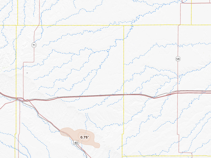 Radar-estimated hail-size map of the storm over Arriba, CO on Jul 10, 2026