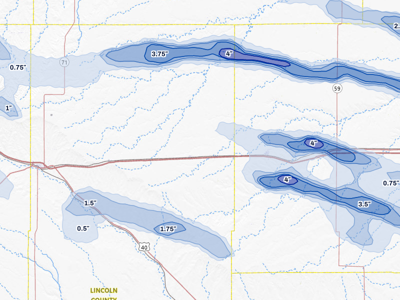 NEXRAD radar-signature map of the hail storm over Arriba, CO on Aug 19, 2026