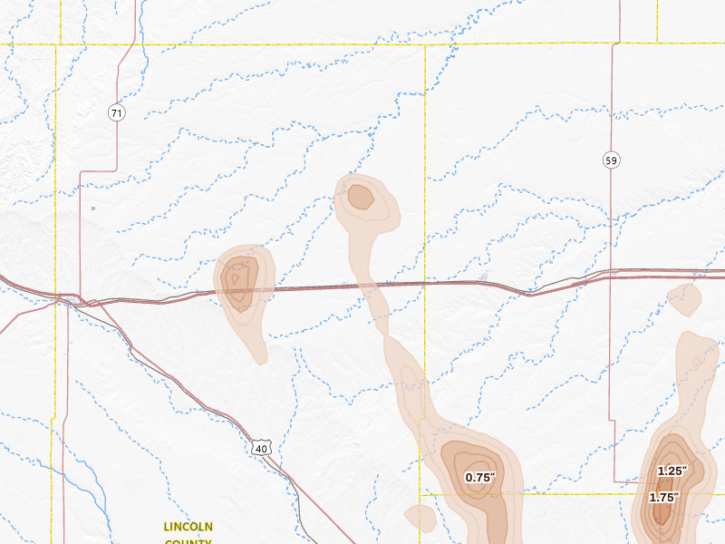 Radar-estimated hail-size map of the storm over Arriba, CO on Aug 21, 2026