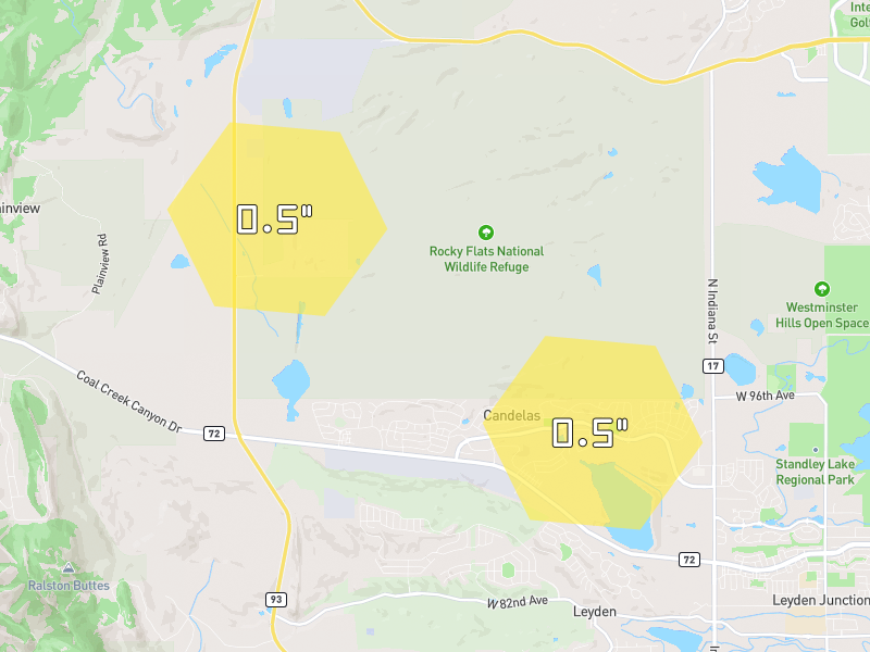 Hail map of Arvada, CO on Jun 2, 2026, hail up to 0.5"