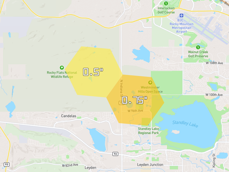 Hail map of Arvada, CO on Jun 6, 2026, hail up to 0.75"