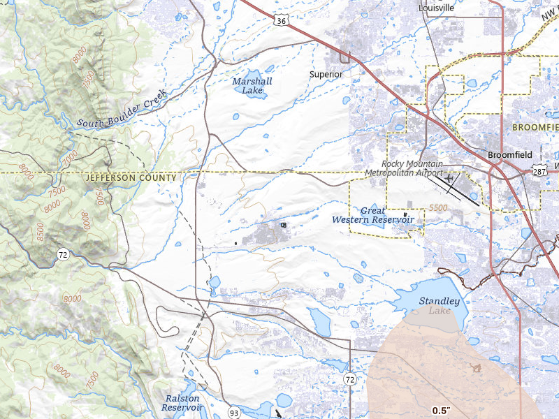 Radar-estimated hail-size map of the storm over Arvada, CO on Jun 8, 2026