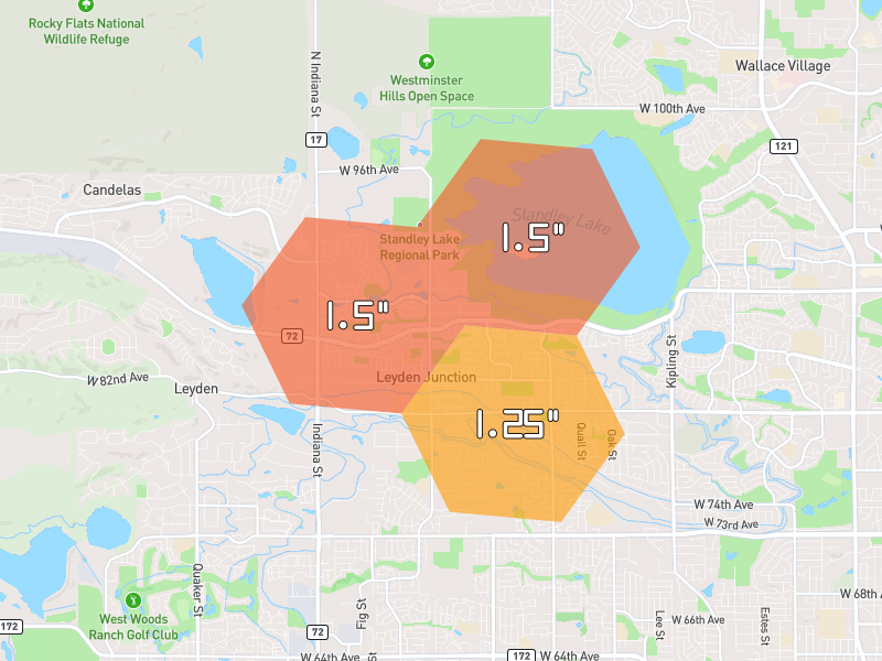 Hail map of Arvada, CO on Jun 26, 2026, hail up to 1.5"