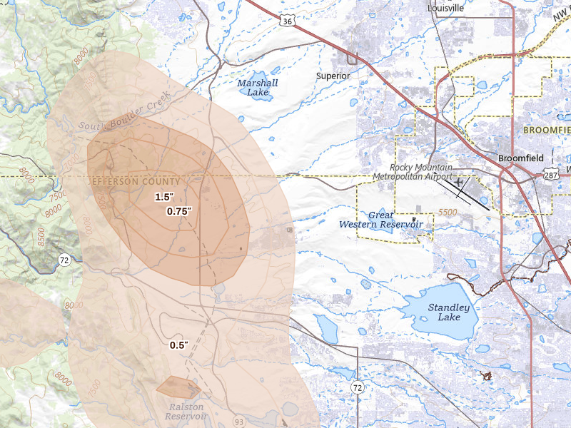 Radar-estimated hail-size map of the storm over Arvada, CO on Jul 24, 2026