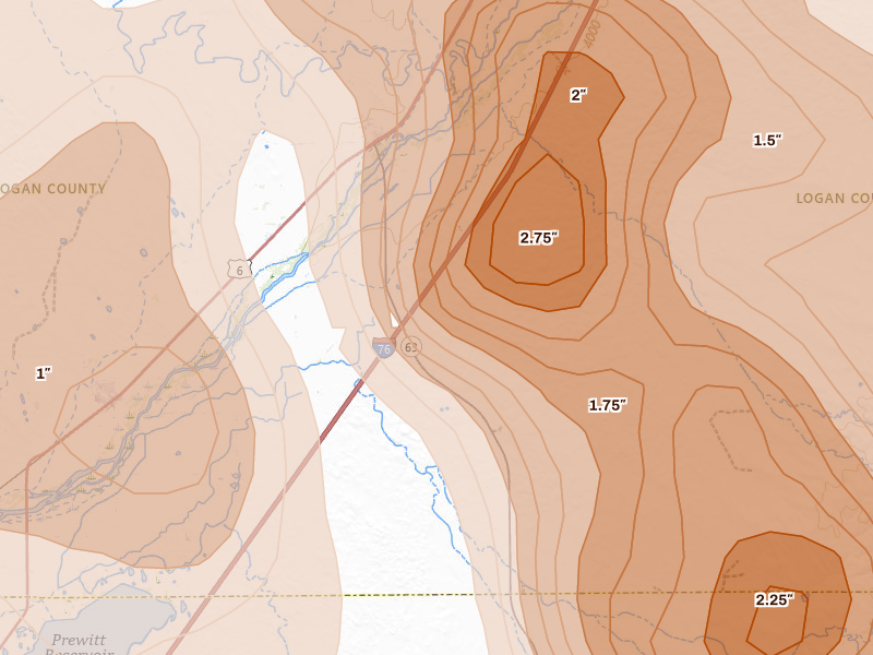 Radar-estimated hail-size map of the storm over Atwood, CO on Jun 22, 2026