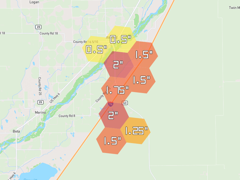 Hail map of Atwood, CO on Jul 4, 2026, hail up to 2"