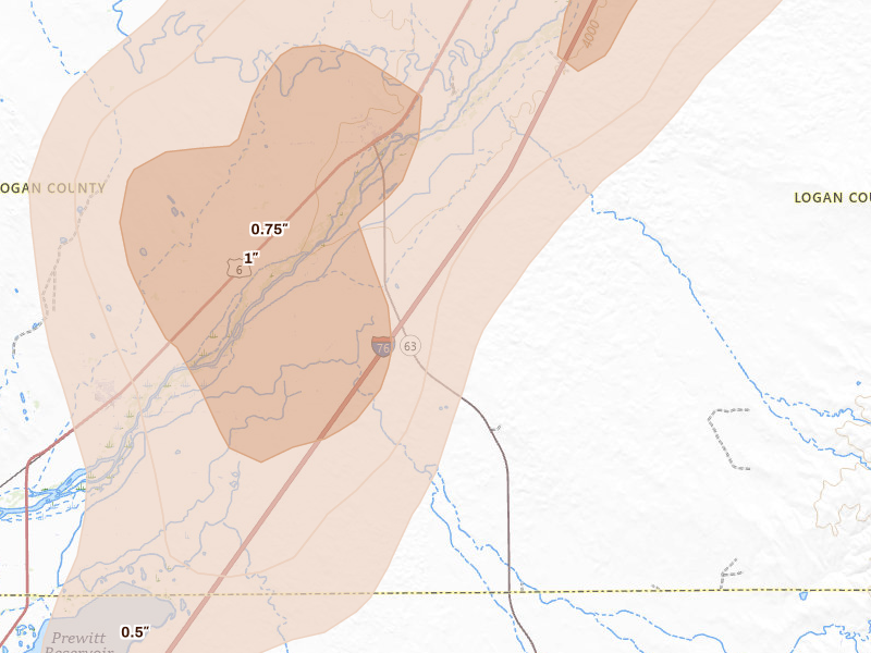 Radar-estimated hail-size map of the storm over Atwood, CO on Jul 22, 2026