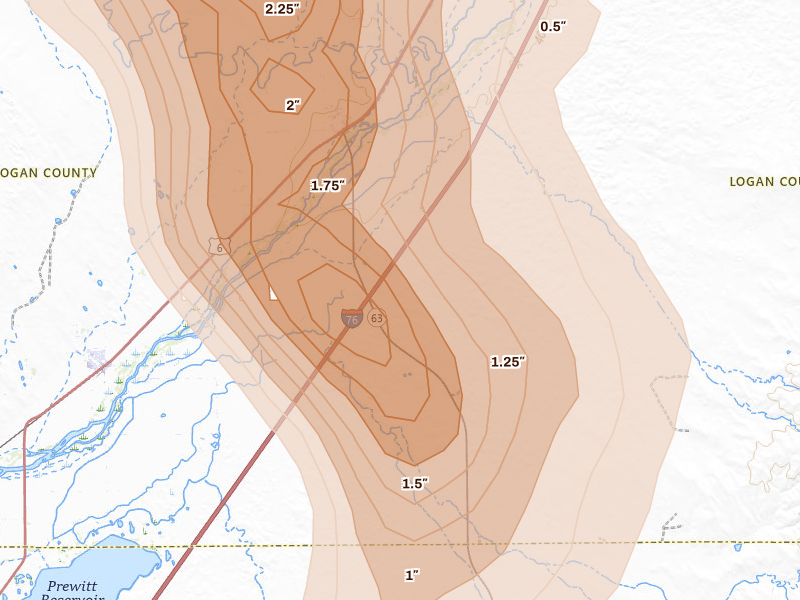 Radar-estimated hail-size map of the storm over Atwood, CO on Jul 28, 2026