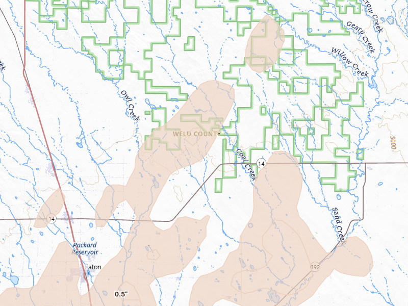 Radar-estimated hail-size map of the storm over Ault, CO on Jul 1, 2026