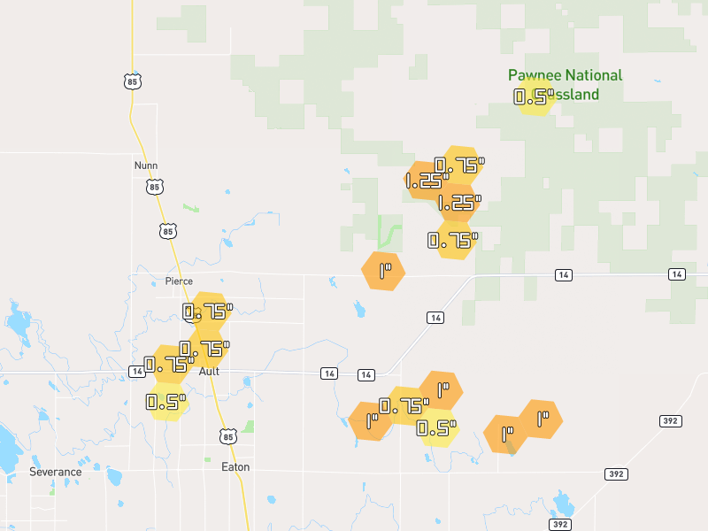 Hail map of Ault, CO on Jul 2, 2026, hail up to 1.25"