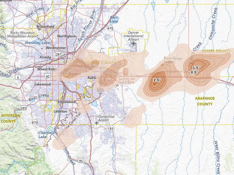 Radar-estimated hail-size map of the storm over Aurora, CO on Jun 1, 2026