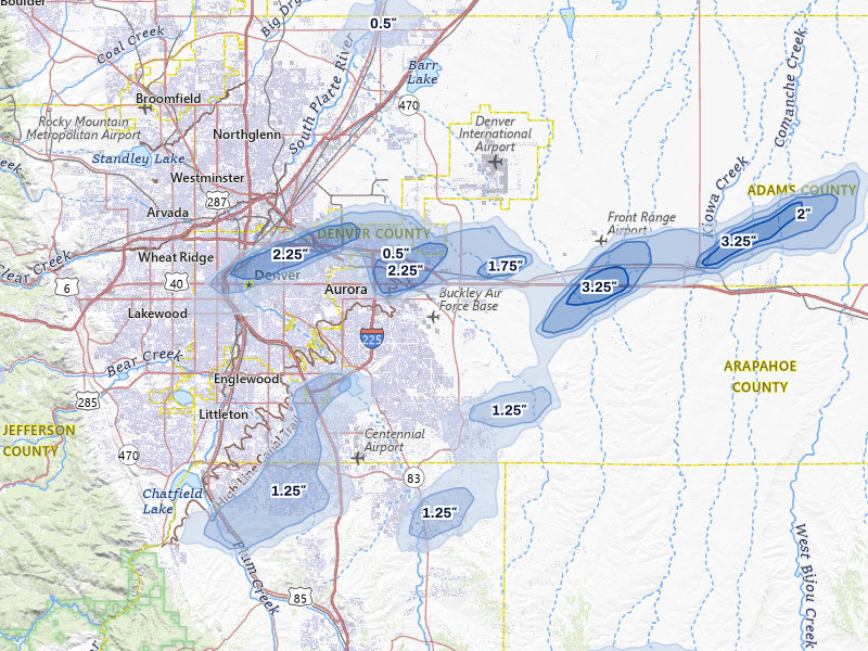 NEXRAD radar-signature map of the hail over Aurora, CO