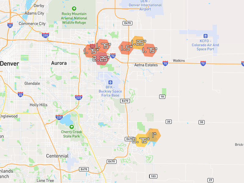 Hail map of Aurora, CO on Jun 1, 2026, hail up to 2.25"
