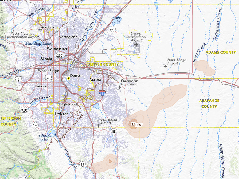 Radar-estimated hail-size map of the storm over Aurora, CO on Jul 28, 2026