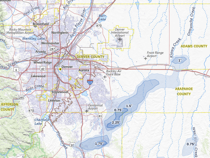 NEXRAD radar-signature map of the hail storm over Aurora, CO on Jul 28, 2026