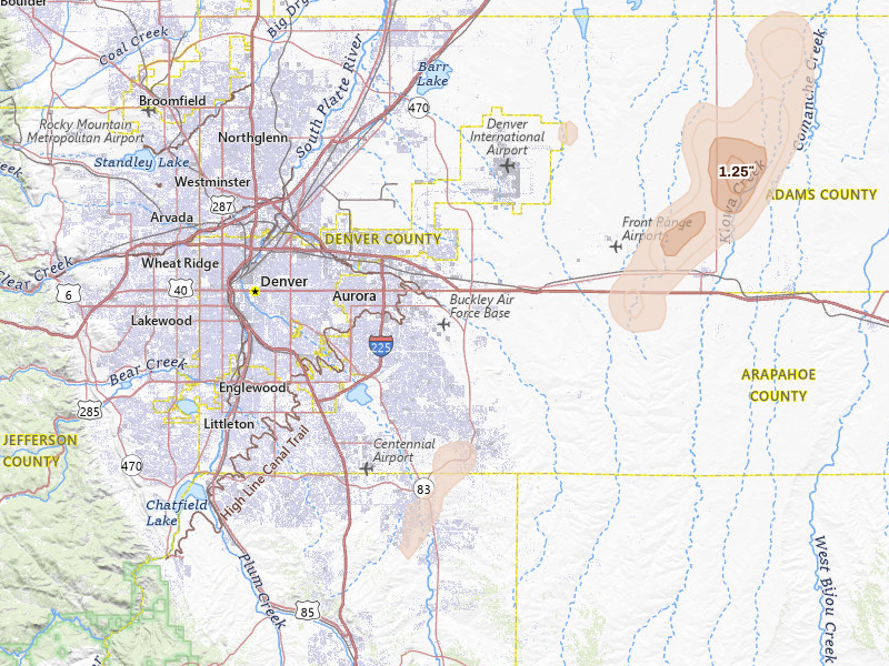 Radar-estimated hail-size map of the storm over Aurora, CO on Jul 29, 2026
