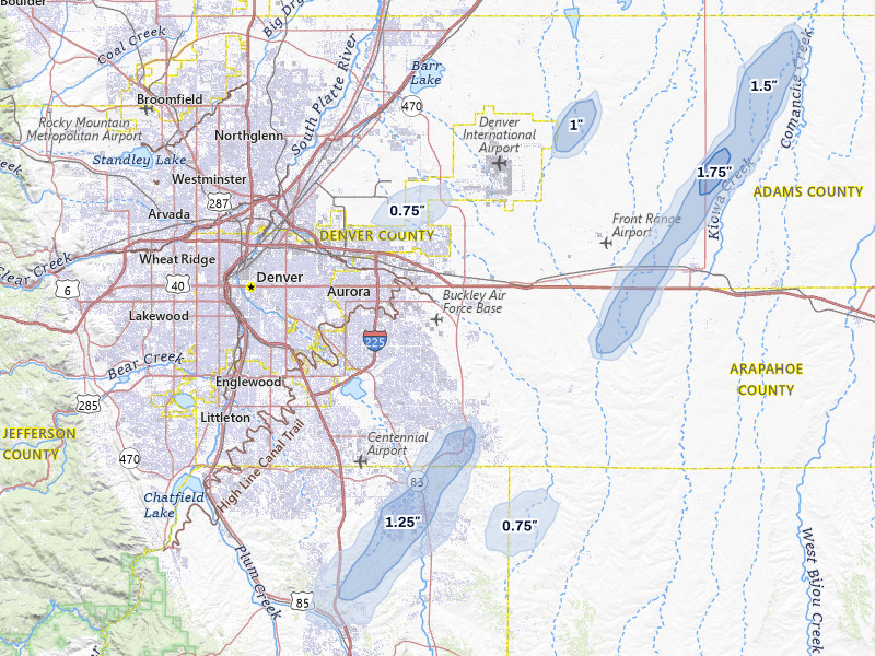 NEXRAD radar-signature map of the hail storm over Aurora, CO on Jul 29, 2026