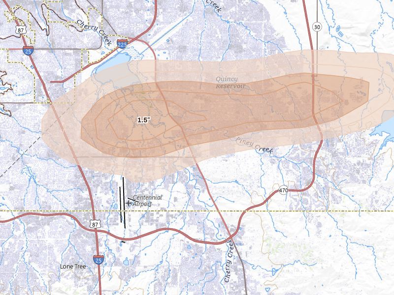 Radar-estimated hail-size map of the storm over Aurora, CO on Aug 13, 2026