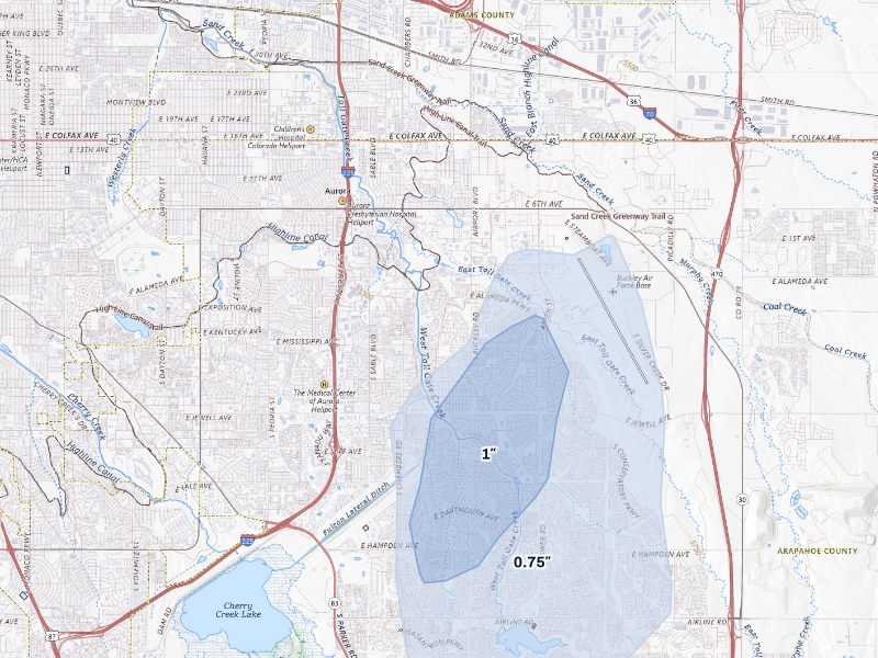NEXRAD radar-signature map of the hail storm over Aurora, CO on Aug 22, 2026