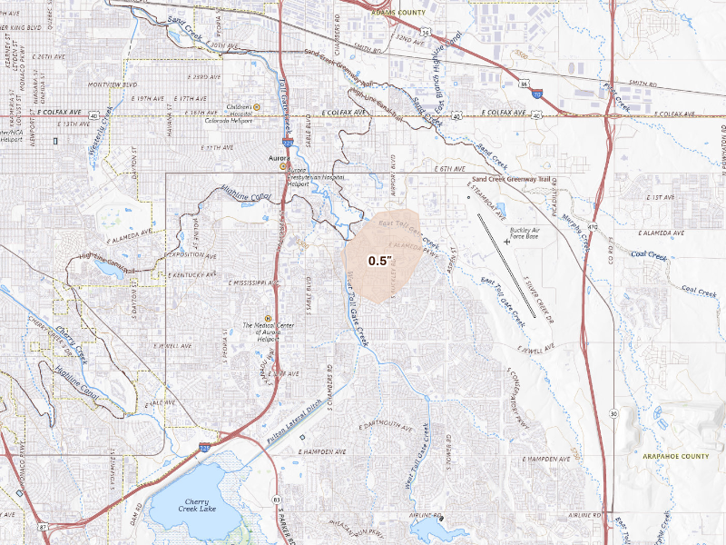 Radar-estimated hail-size map of the storm over Aurora, CO