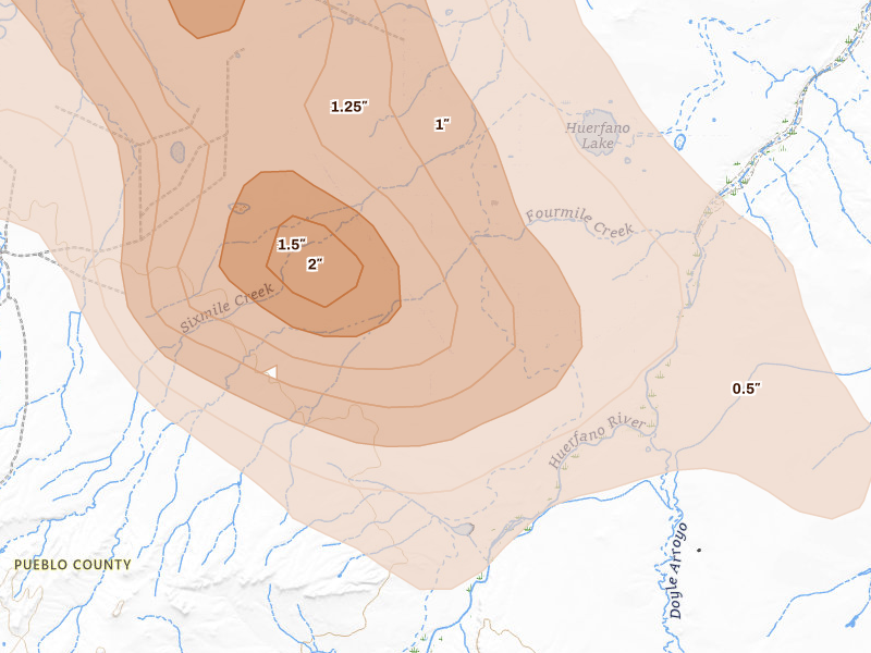 Radar-estimated hail-size map of the storm over Avondale, CO on Jun 23, 2026