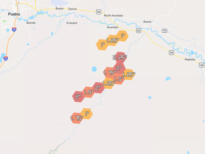 Hail map of Avondale, CO on Jul 28, 2026, hail up to 2.25"