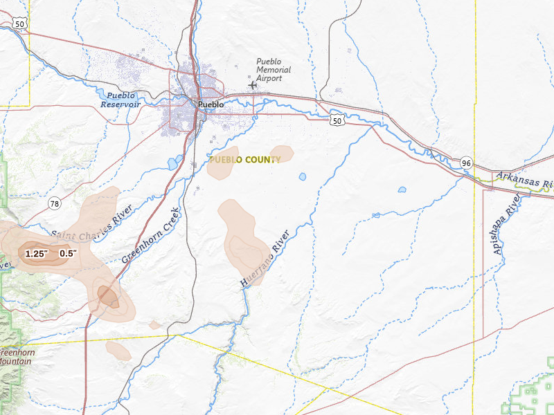 Radar-estimated hail-size map of the storm over Avondale, CO on Aug 16, 2026