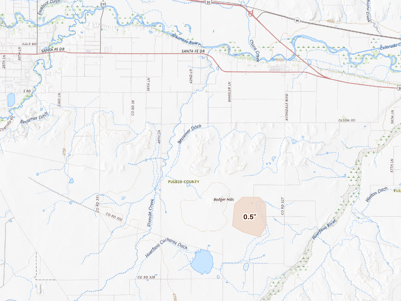 Radar-estimated hail-size map of the storm over Avondale, CO on Sep 8, 2026