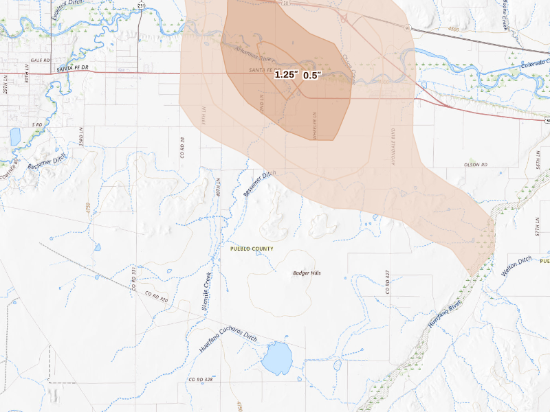 Radar-estimated hail-size map of the storm over Avondale, CO