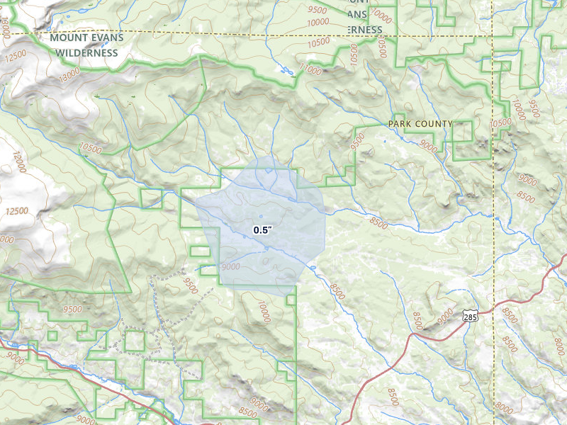 NEXRAD radar-signature map of the hail storm over Bailey, CO on May 17, 2026