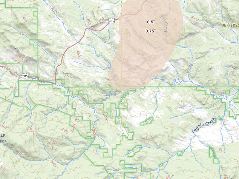 Radar-estimated hail-size map of the storm over Bailey, CO on Aug 14, 2026