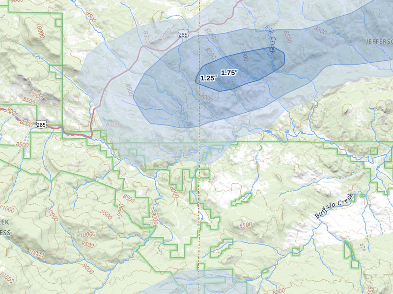 NEXRAD radar-signature map of the hail storm over Bailey, CO on Aug 14, 2026