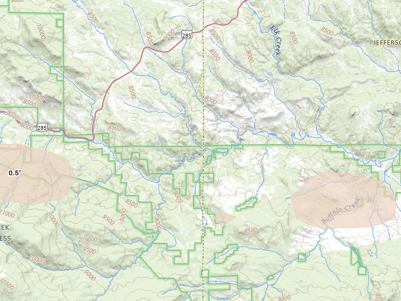 Radar-estimated hail-size map of the storm over Bailey, CO on Aug 20, 2026