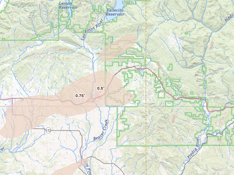 Radar-estimated hail-size map of the storm over Bayfield, CO on Jun 26, 2026